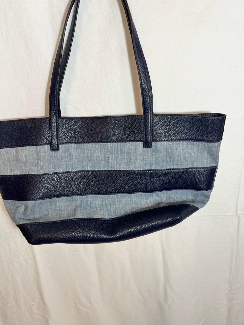 Michael Kors Navy Pebbled Leather & Denim Striped Tote Bag Large Shoulder purse - Picture 2 of 10